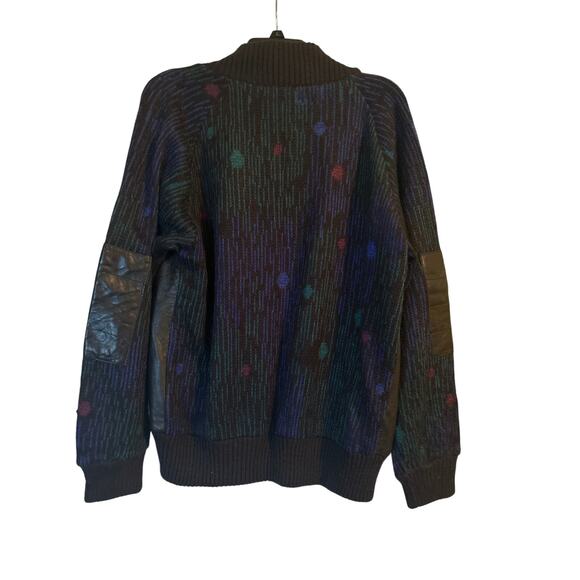 GUC Saxony Men's Blue/Black Cardigan Sweater Leather Elbows and Trim Size Medium - Picture 3 of 6